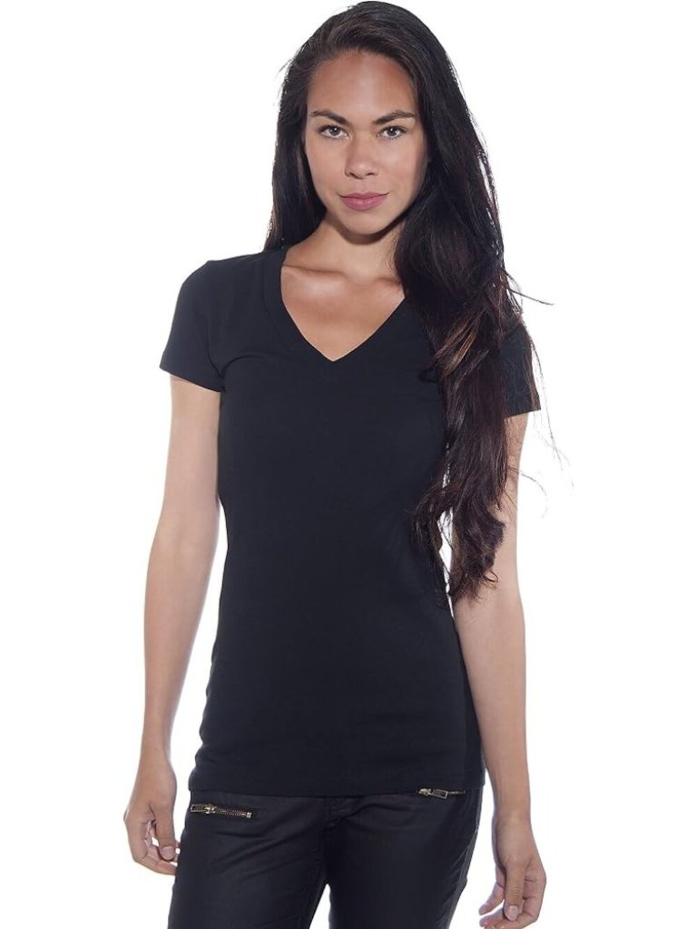 Zenana Womens Black V-Neck Short Sleeve Tee Cotton Blend Size L EUC